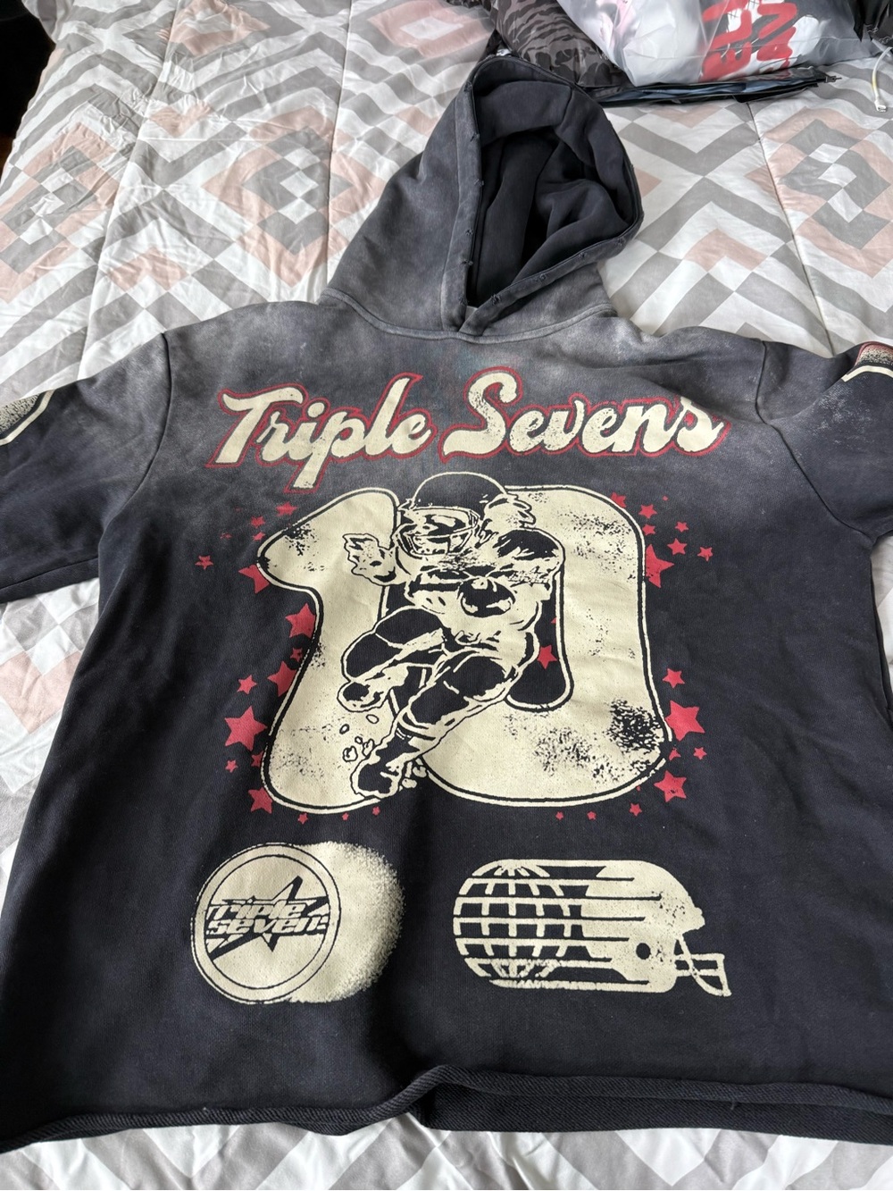 Triple Sevens Graphic Football Hoodie - Black, Cream & Red